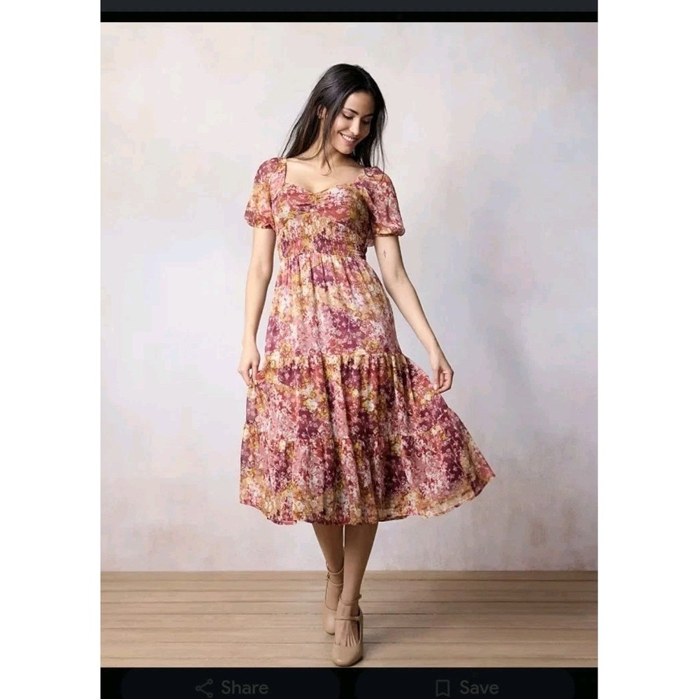 Lauren Conrad Autumn Floral Puff Sleeve Dress Women's Large Smocked Midi